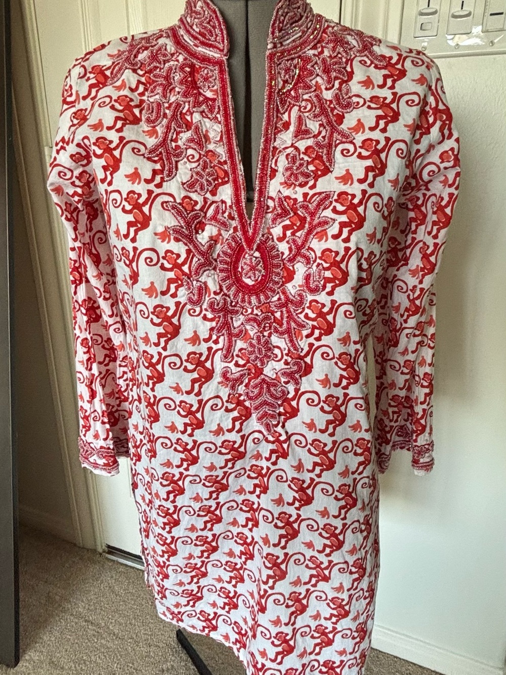 Barbara Gerwit red orange monkey bead boho embroidered chic tunic M